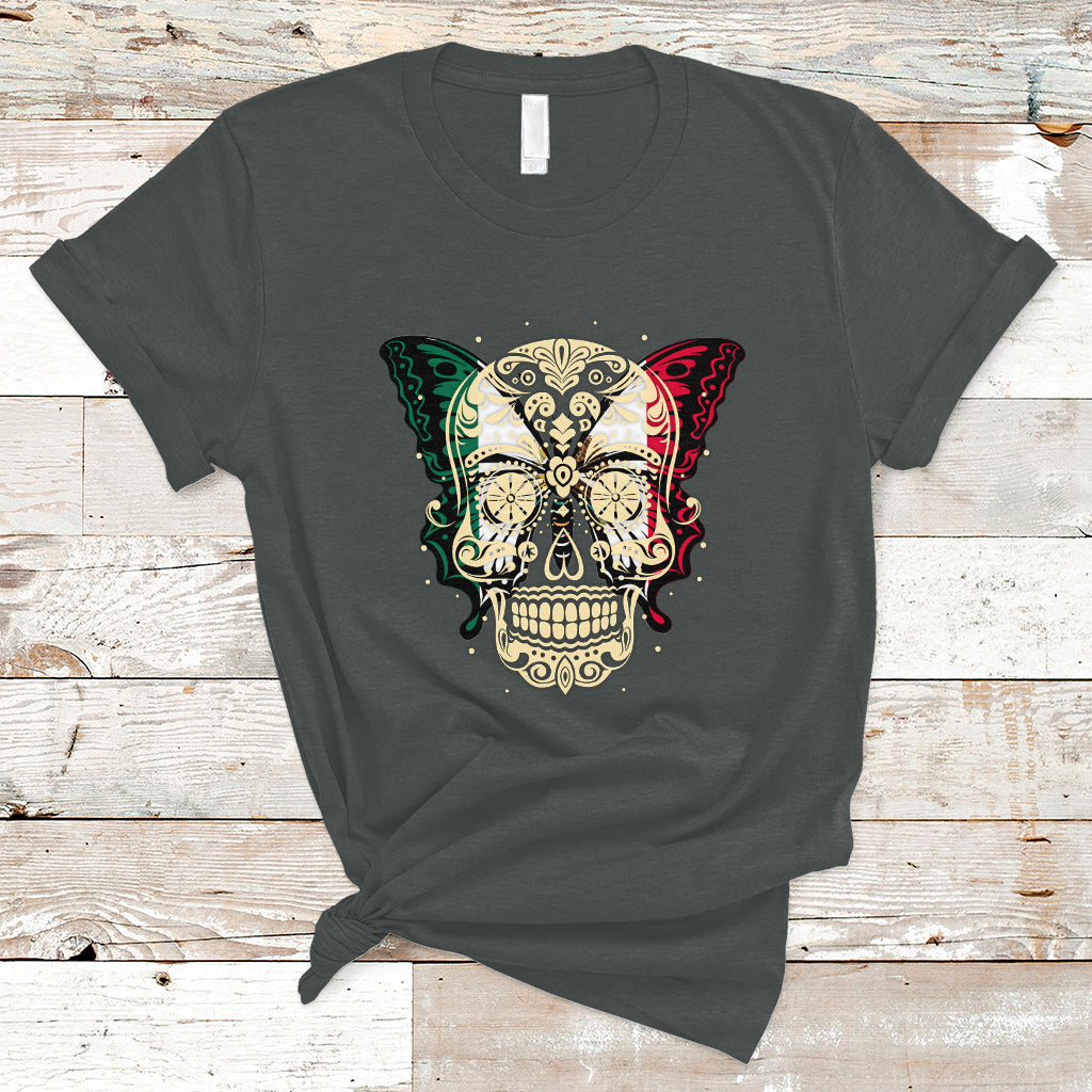 Mexican Sugar Skull T Shirt Mexico Flag Butterfly Latino Hispanic Heritage - Wonder Print Shop