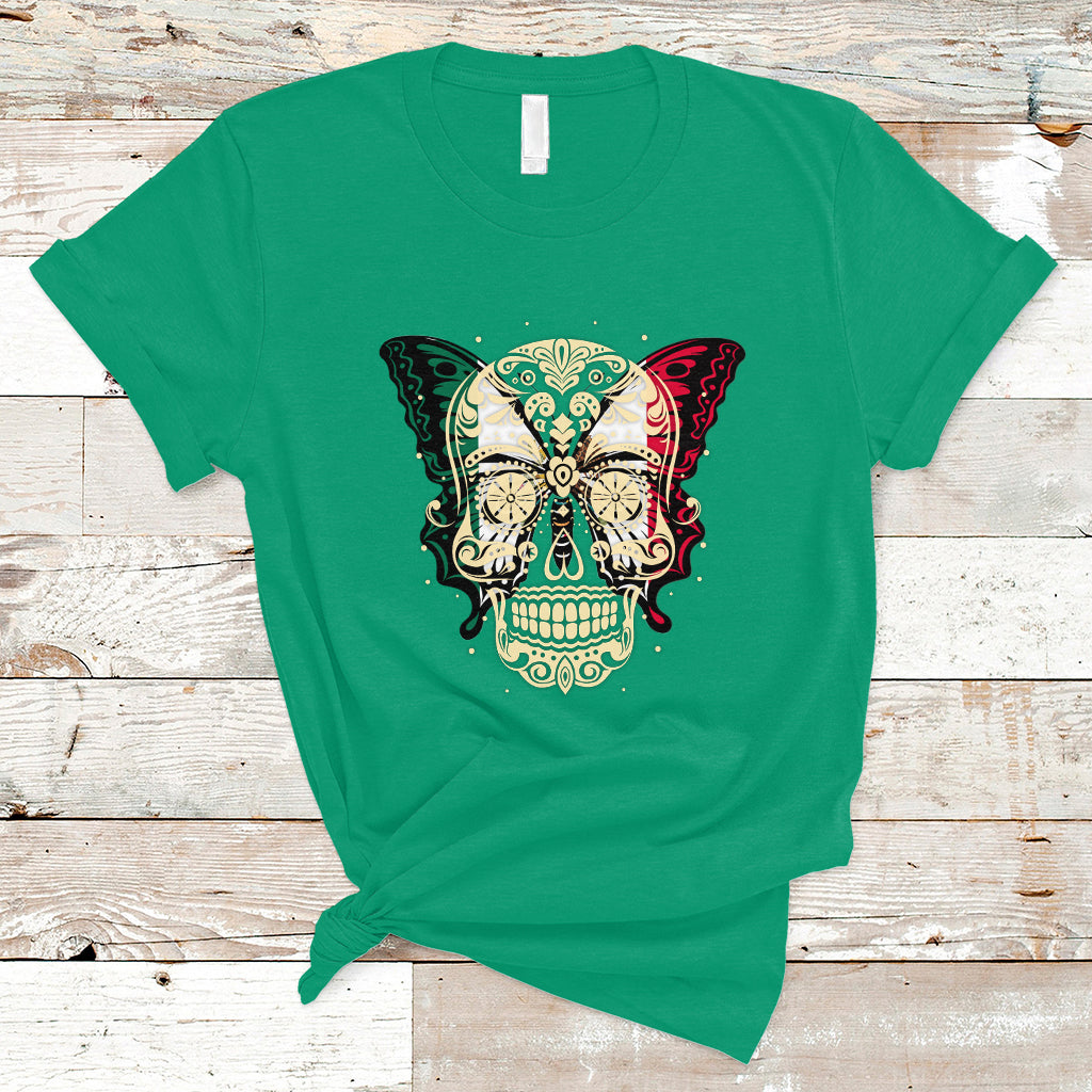 Mexican Sugar Skull T Shirt Mexico Flag Butterfly Latino Hispanic Heritage - Wonder Print Shop
