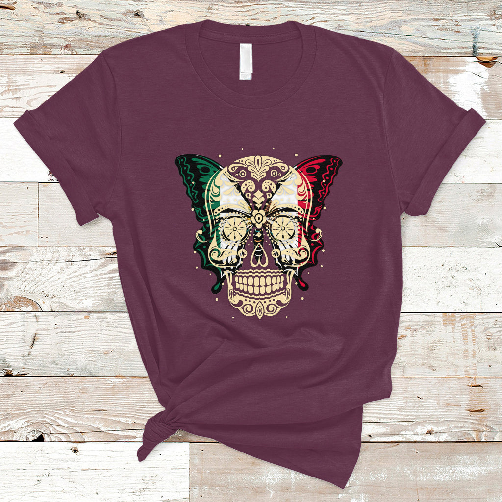 Mexican Sugar Skull T Shirt Mexico Flag Butterfly Latino Hispanic Heritage - Wonder Print Shop
