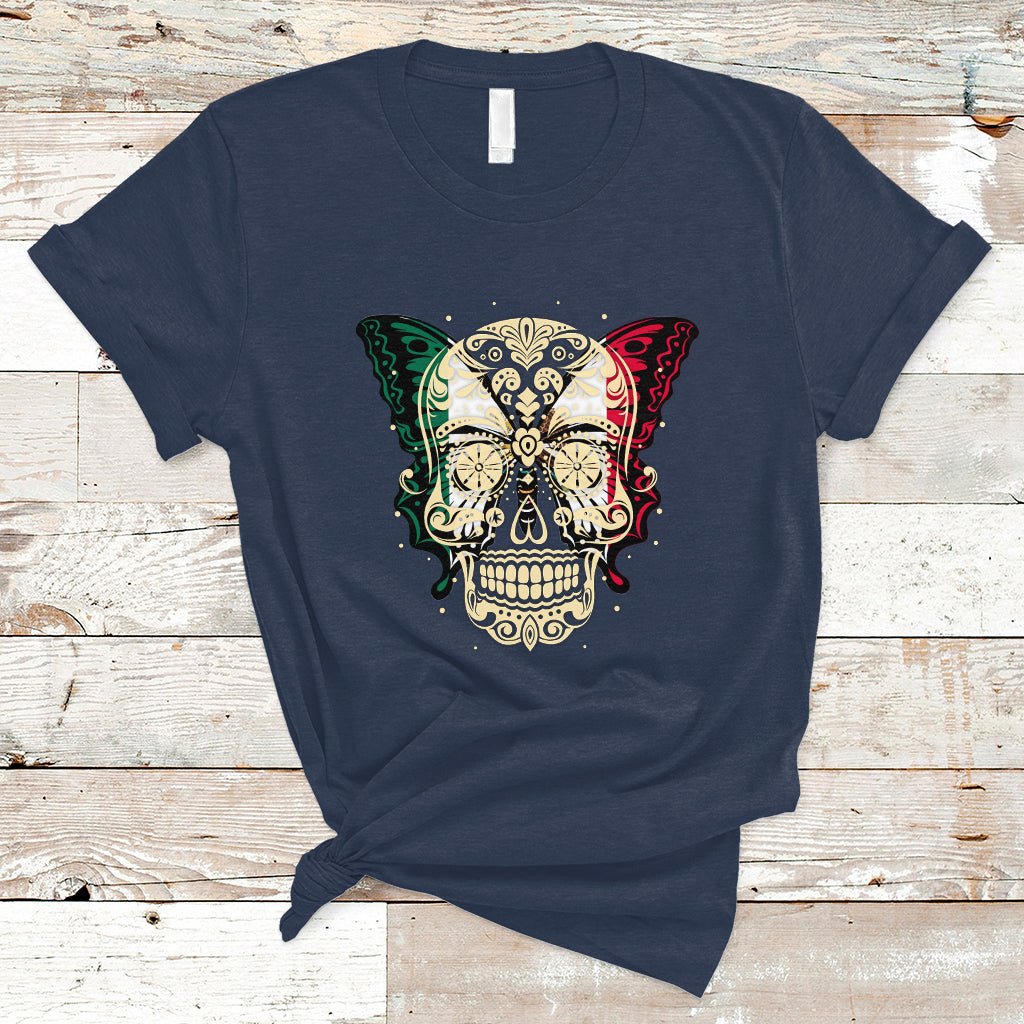 Mexican Sugar Skull T Shirt Mexico Flag Butterfly Latino Hispanic Heritage - Wonder Print Shop