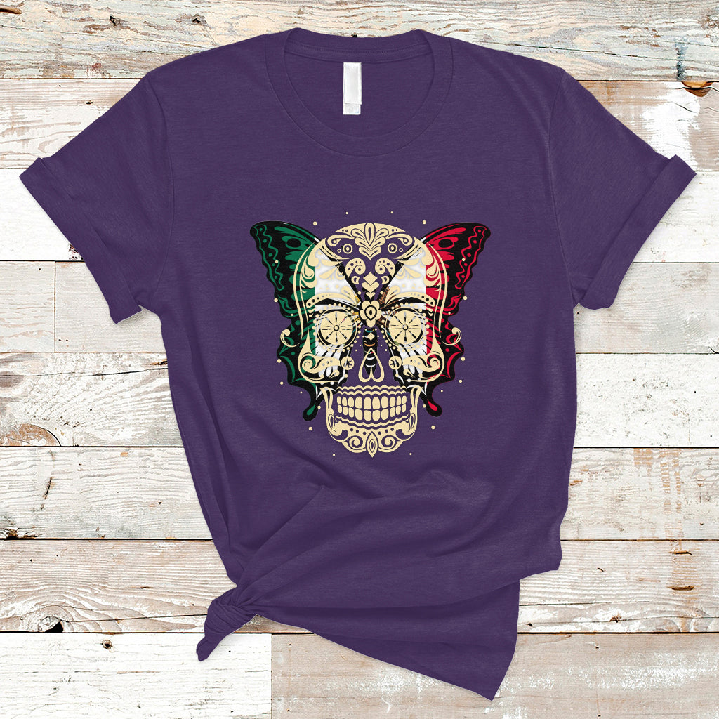 Mexican Sugar Skull T Shirt Mexico Flag Butterfly Latino Hispanic Heritage - Wonder Print Shop