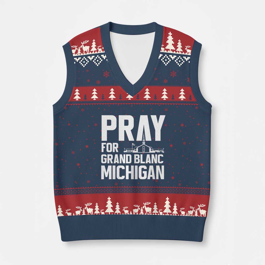 Pray for Grand Blanc Michigan V-Neck Knit Sweater Vest Faith and Community Support - Wonder Print Shop