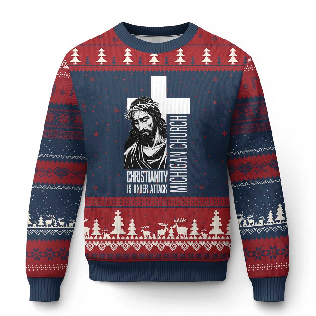 Christianity Is Under Attack Ugly Christmas Sweater Jesus Stand for Faith Michigan Church - Wonder Print Shop