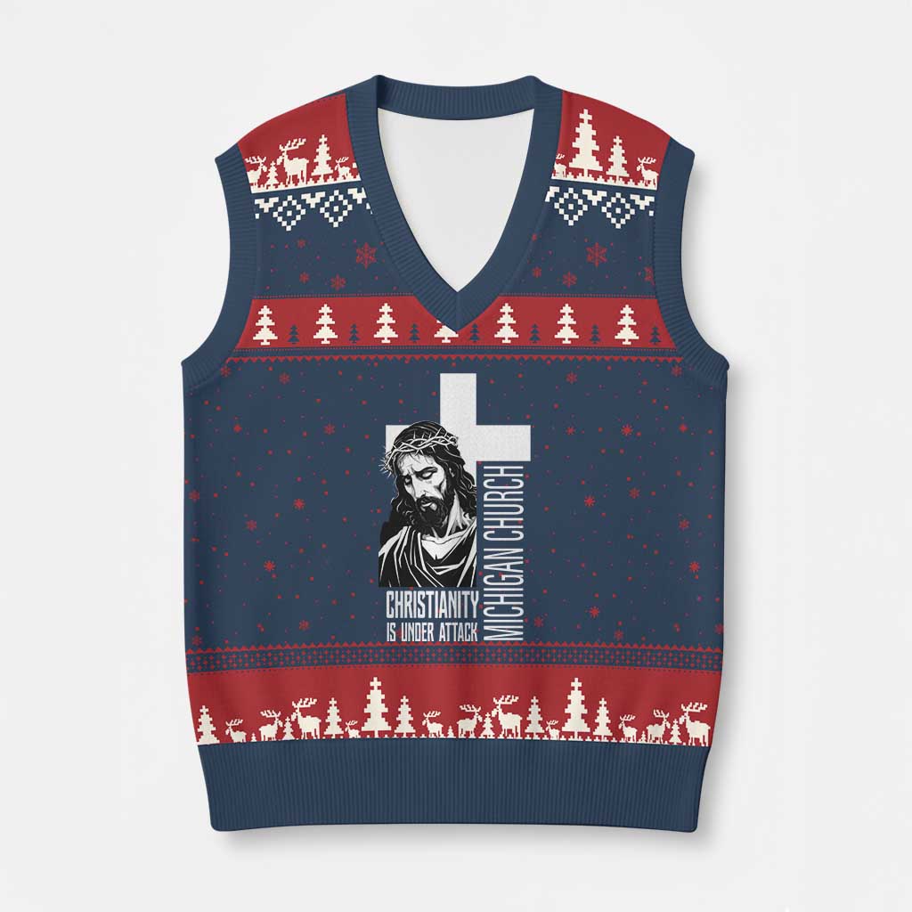 Christianity Is Under Attack V-Neck Knit Sweater Vest Jesus Stand for Faith Michigan Church - Wonder Print Shop
