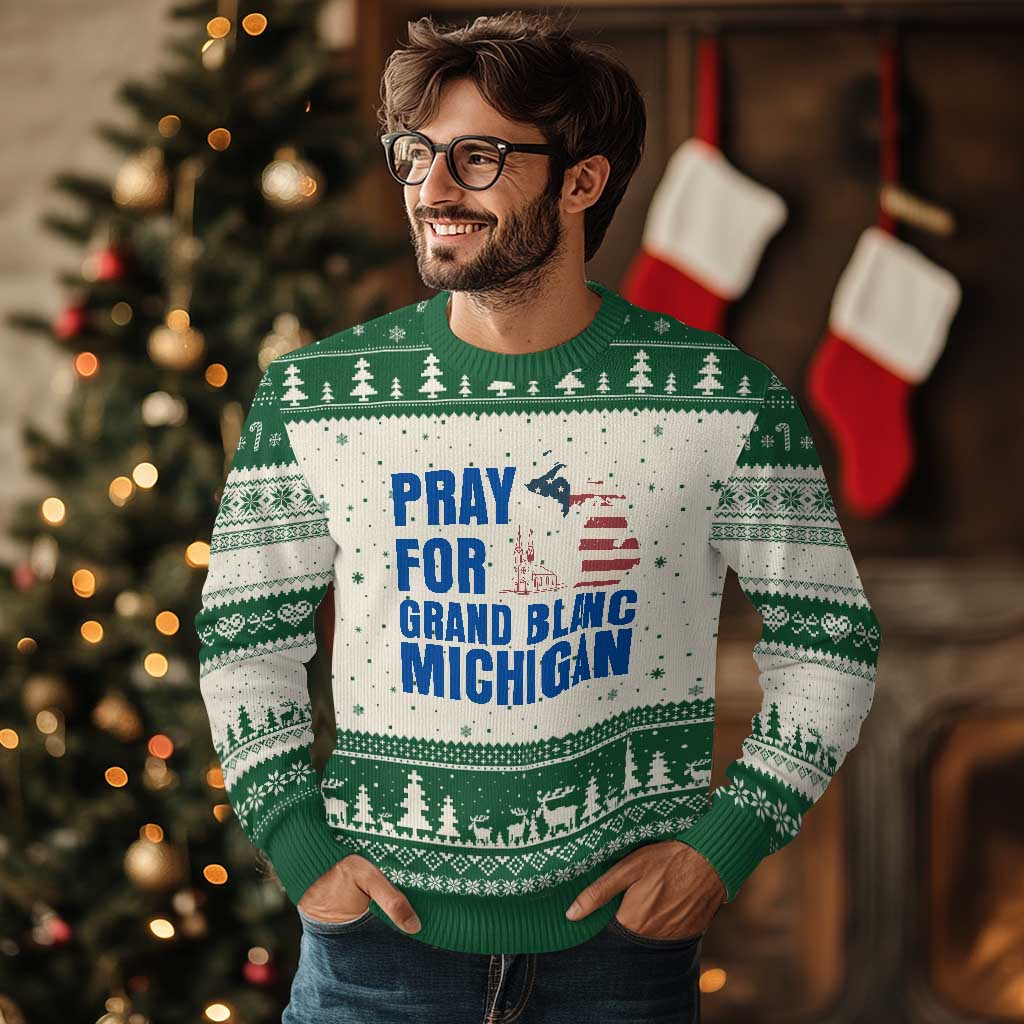 Pray for Grand Blanc Michigan Ugly Christmas Sweater American Flag Christian Support - Wonder Print Shop