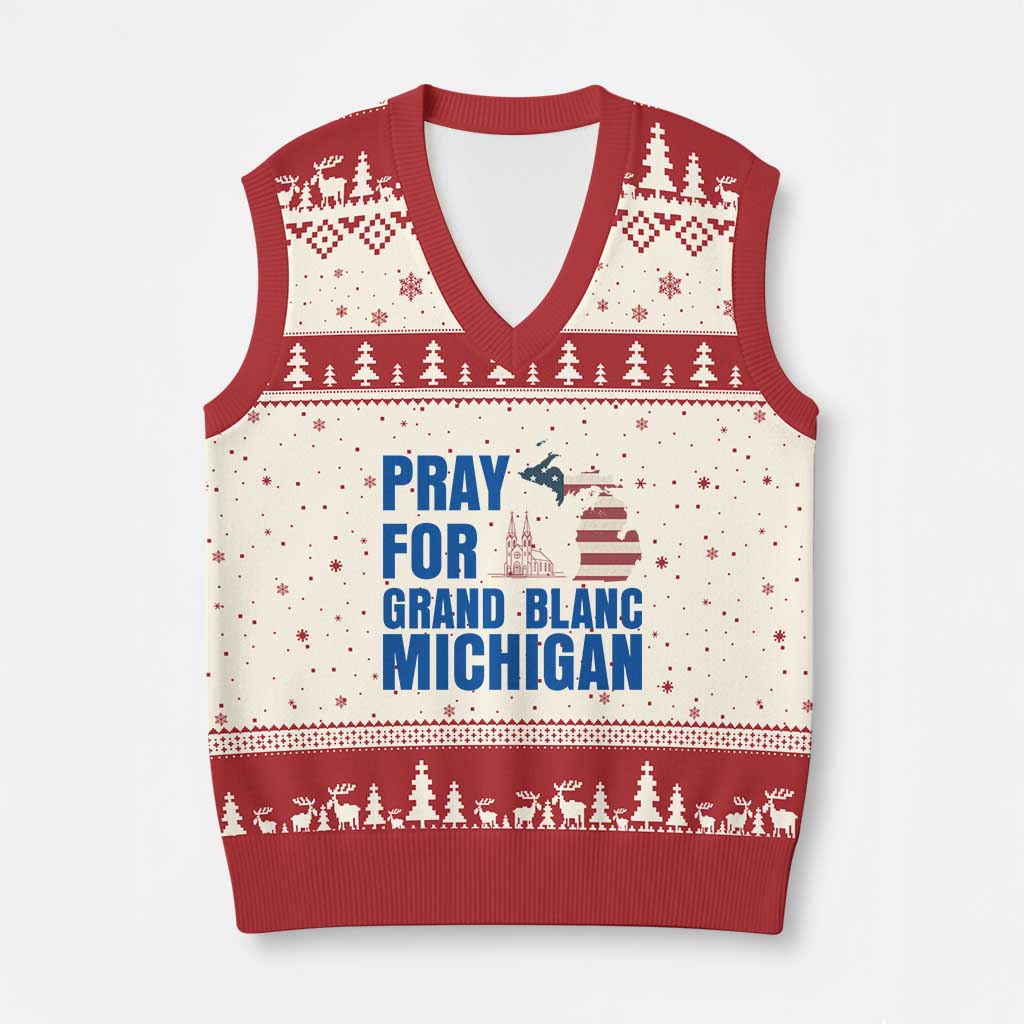 Pray for Grand Blanc Michigan V-Neck Knit Sweater Vest American Flag Christian Support - Wonder Print Shop