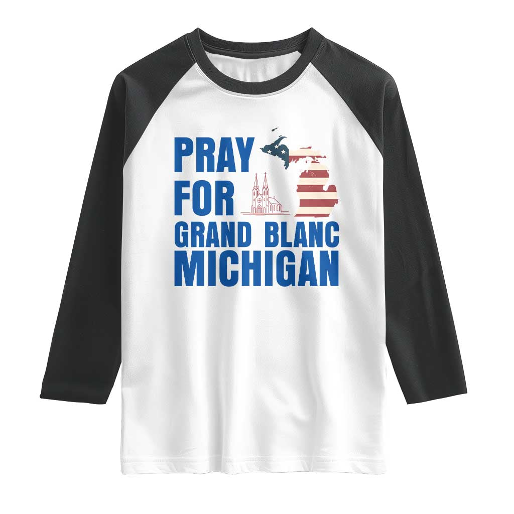 Pray for Grand Blanc Michigan Raglan Shirt American Flag Christian Support - Wonder Print Shop