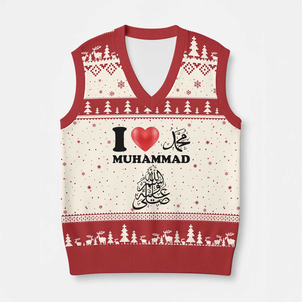 I Love Muhammad V-Neck Knit Sweater Vest Musliam Identity Faith Peace Pride Islamic Calligraphy - Wonder Print Shop