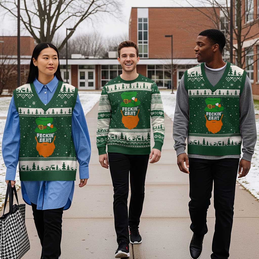 Funny St Patricks Day V-Neck Knit Sweater Vest Feckin Eejit Irish Slang Idiot Patty's Day - Wonder Print Shop