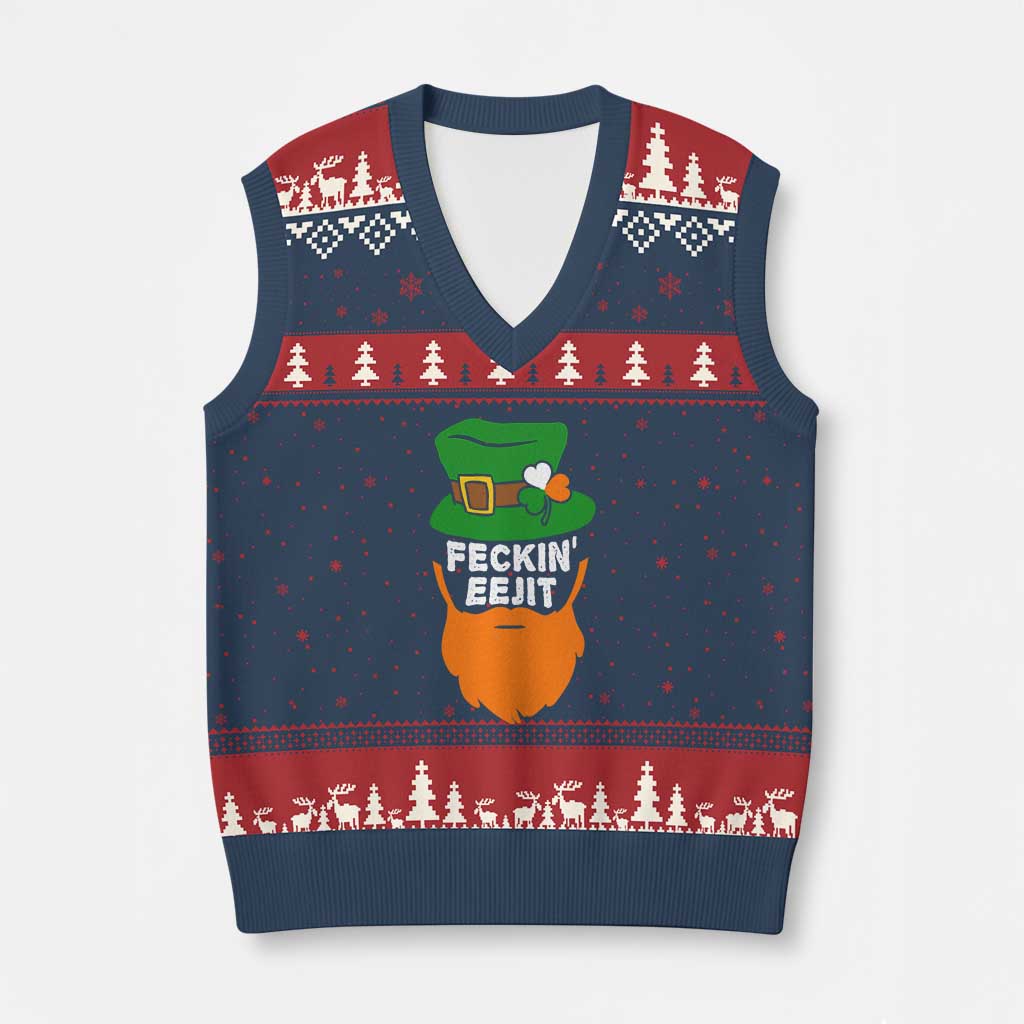 Funny St Patricks Day V-Neck Knit Sweater Vest Feckin Eejit Irish Slang Idiot Patty's Day - Wonder Print Shop