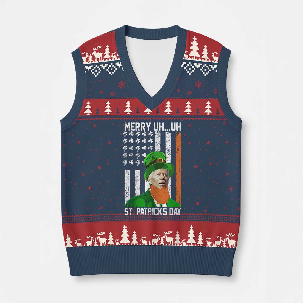 Funny Biden St Patricks Day V-Neck Knit Sweater Vest Merry 4th of Saint Patrick Uh Uh Leprechaun American Flag - Wonder Print Shop