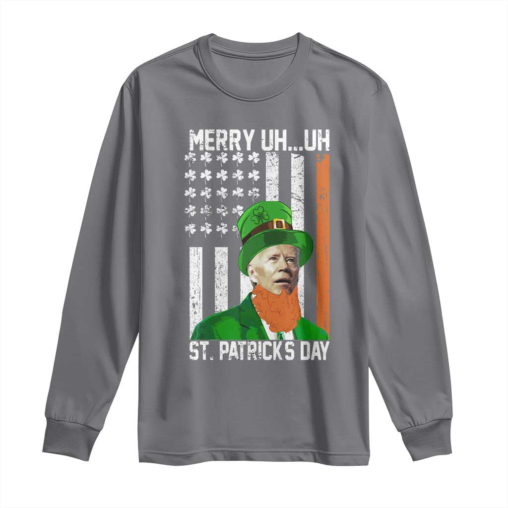 Funny Biden St Patricks Day Long Sleeve Shirt Merry 4th of Saint Patrick Uh Uh Leprechaun American Flag