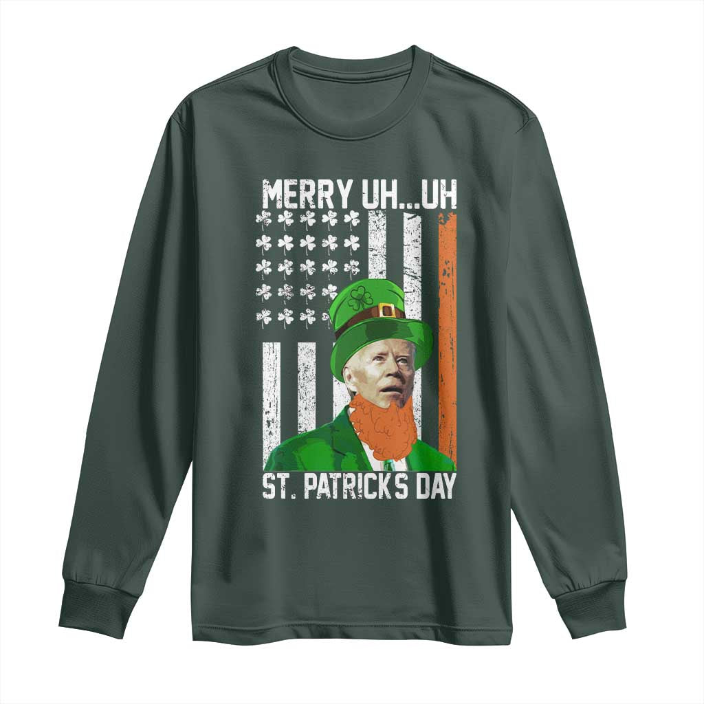 Funny Biden St Patricks Day Long Sleeve Shirt Merry 4th of Saint Patrick Uh Uh Leprechaun American Flag