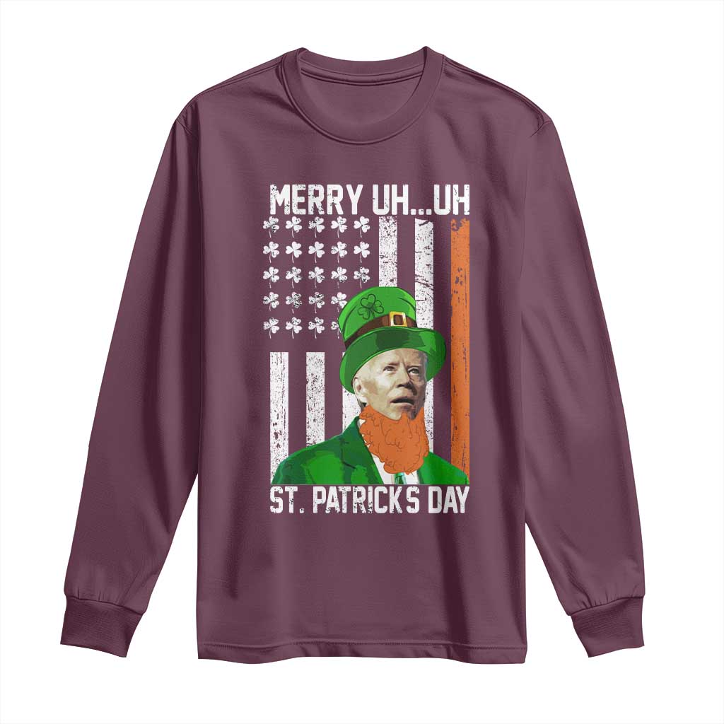 Funny Biden St Patricks Day Long Sleeve Shirt Merry 4th of Saint Patrick Uh Uh Leprechaun American Flag