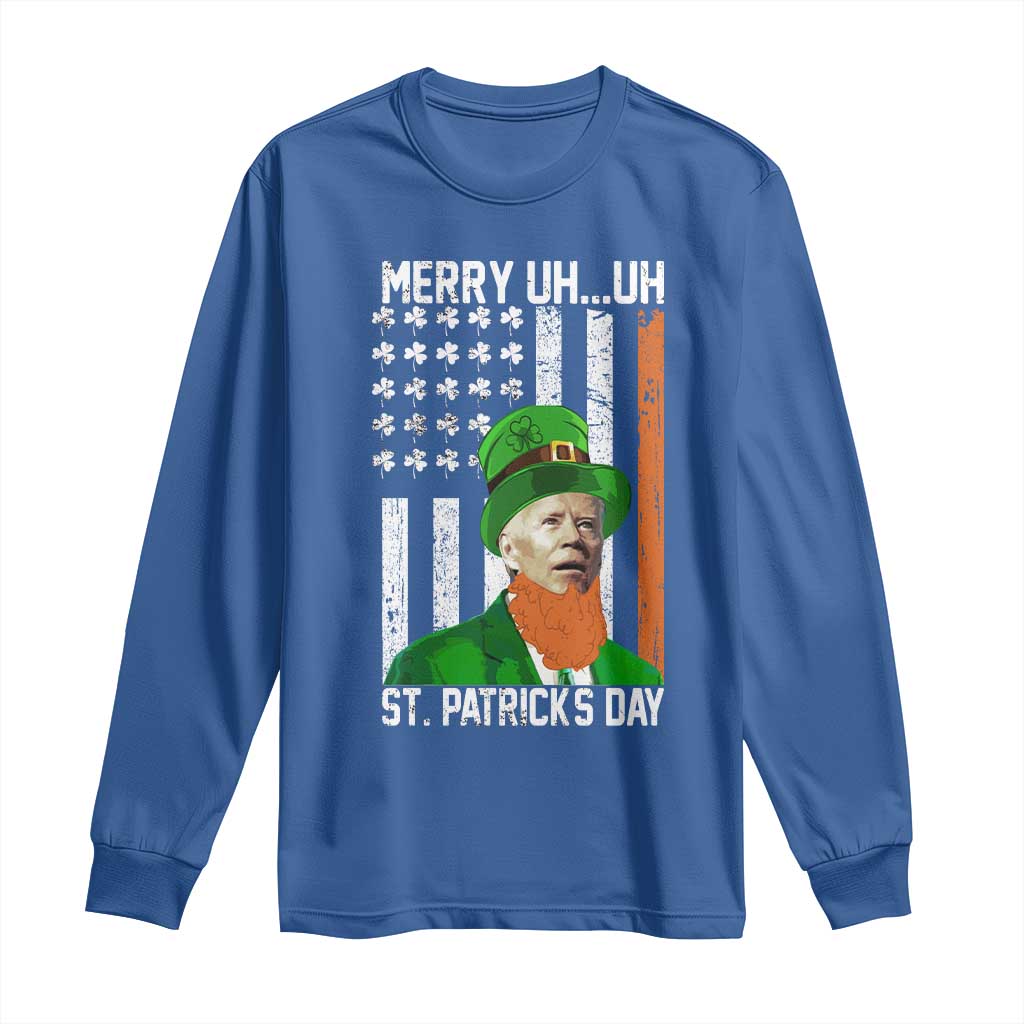 Funny Biden St Patricks Day Long Sleeve Shirt Merry 4th of Saint Patrick Uh Uh Leprechaun American Flag
