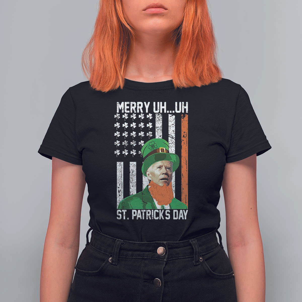 Funny Biden St Patricks Day T Shirt For Women Merry 4th of Saint Patrick Uh Uh Leprechaun American Flag