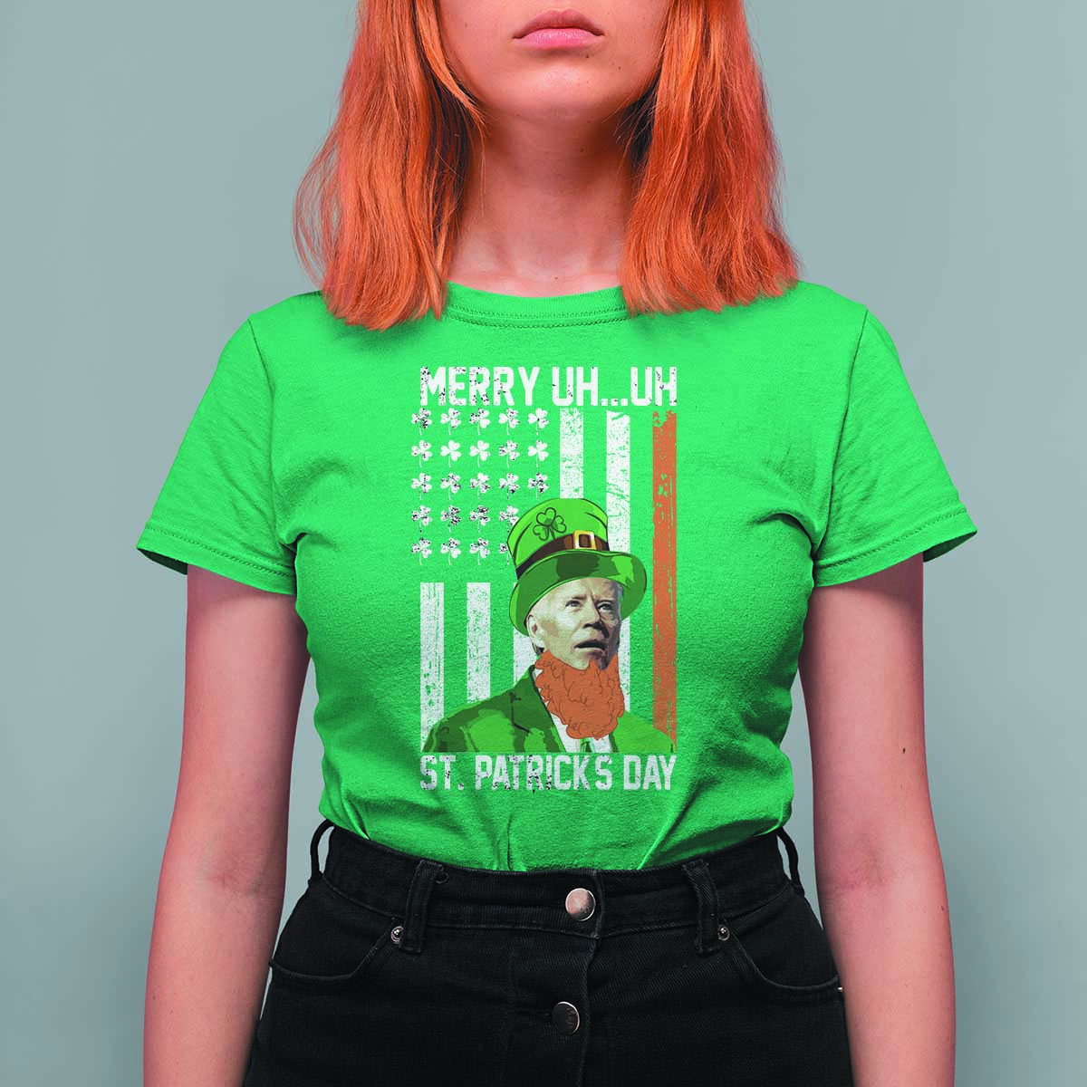 Funny Biden St Patricks Day T Shirt For Women Merry 4th of Saint Patrick Uh Uh Leprechaun American Flag