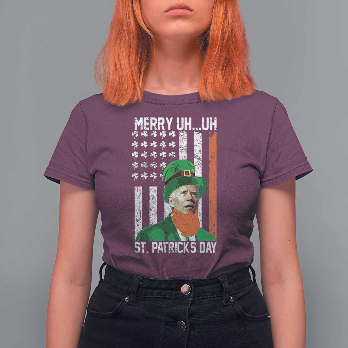 Funny Biden St Patricks Day T Shirt For Women Merry 4th of Saint Patrick Uh Uh Leprechaun American Flag
