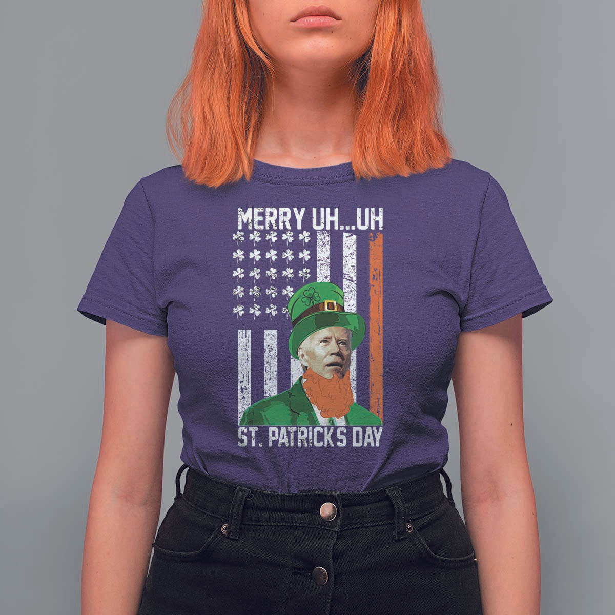 Funny Biden St Patricks Day T Shirt For Women Merry 4th of Saint Patrick Uh Uh Leprechaun American Flag