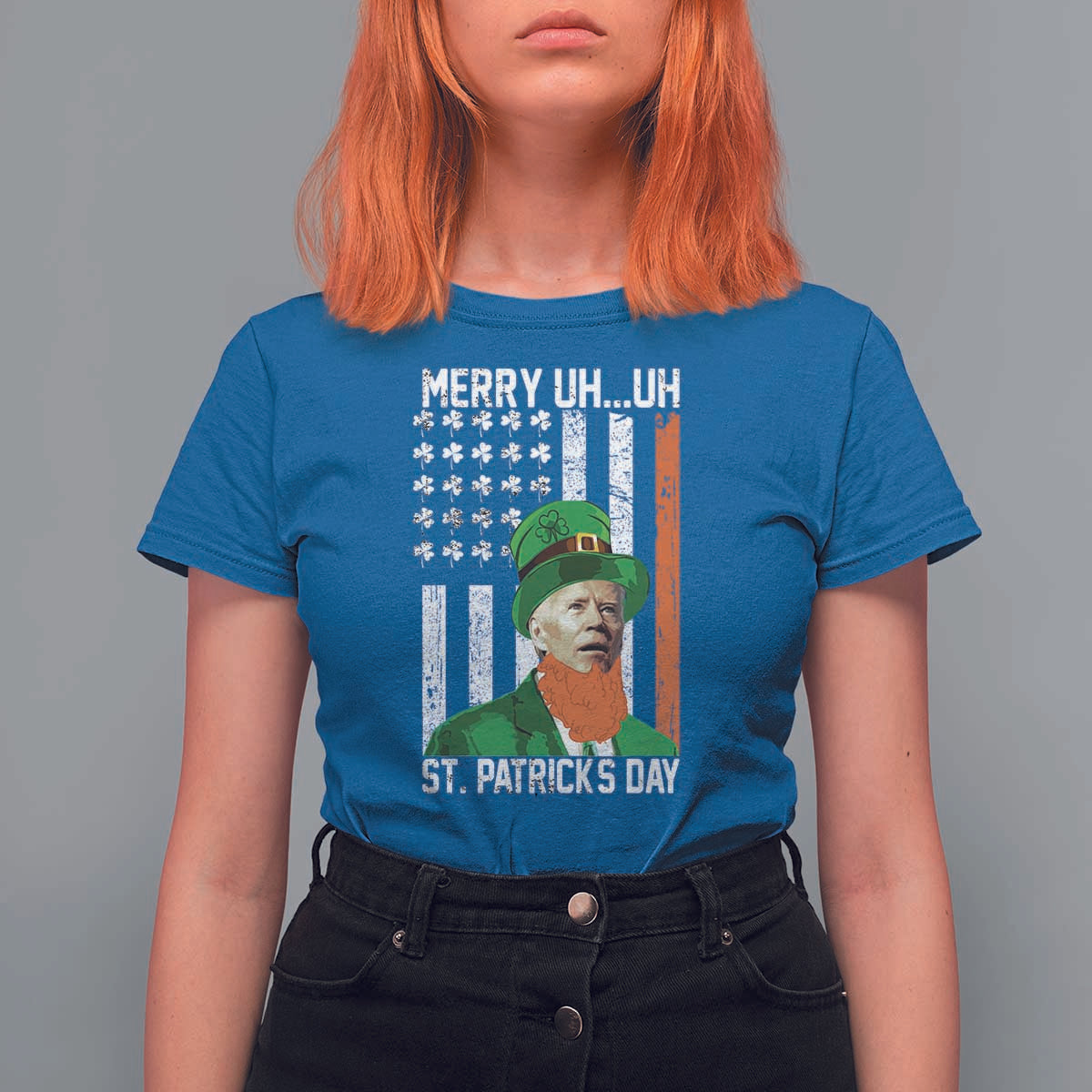 Funny Biden St Patricks Day T Shirt For Women Merry 4th of Saint Patrick Uh Uh Leprechaun American Flag