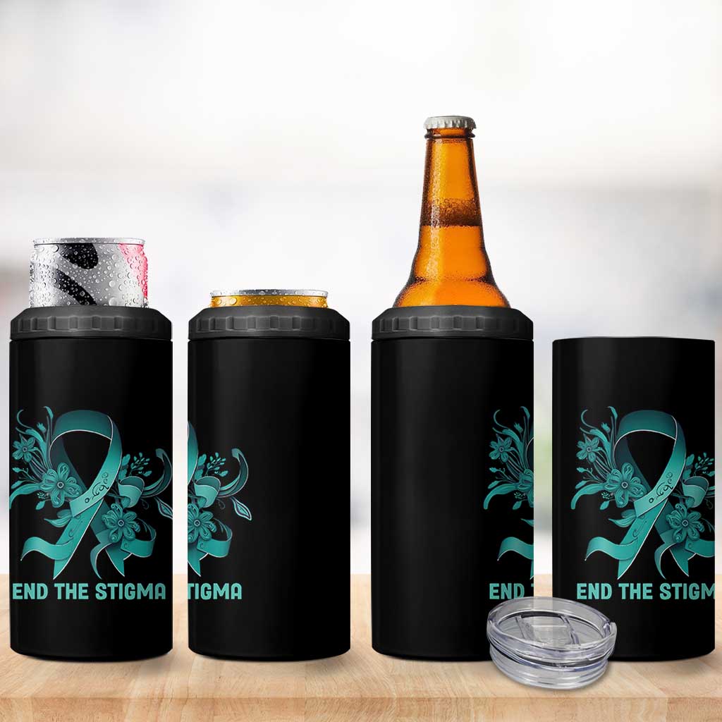 Sexual Assault Awareness 4 in 1 Can Cooler Tumbler End The Stigma Teal Floral Ribbon