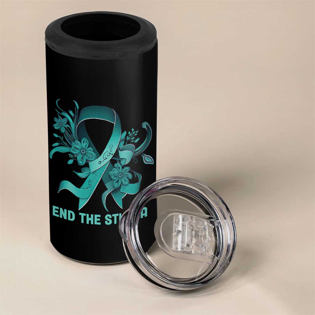 Sexual Assault Awareness 4 in 1 Can Cooler Tumbler End The Stigma Teal Floral Ribbon
