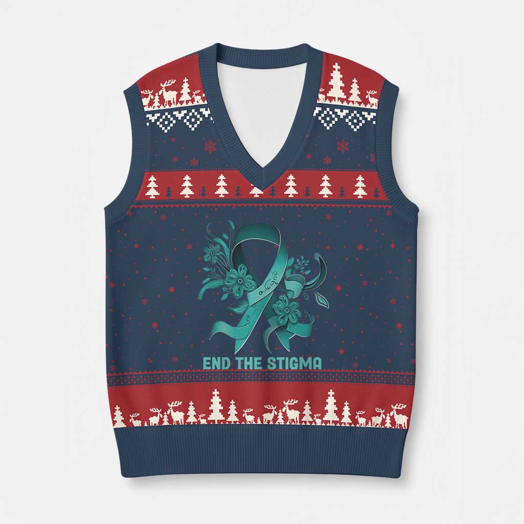 Sexual Assault Awareness V-Neck Knit Sweater Vest End The Stigma Teal Floral Ribbon - Wonder Print Shop
