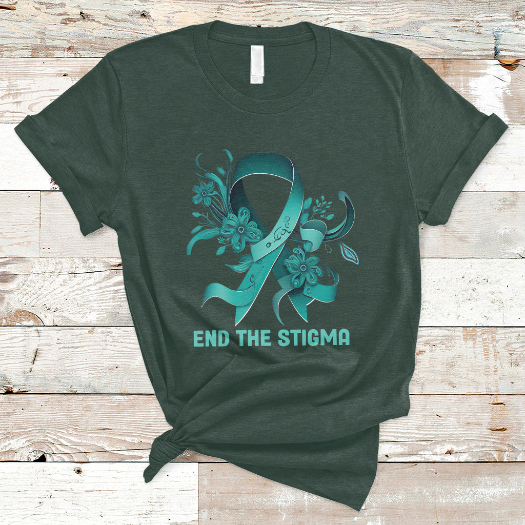 Teal Floral Ribbon Sexual Assault Awareness Month End The Stigma, Sexual Assault Awareness Shirt T-Shirt - Wonder Print Shop