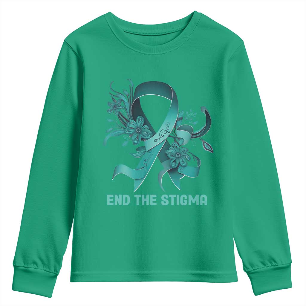 Sexual Assault Awareness Youth Sweatshirt End The Stigma Teal Floral Ribbon