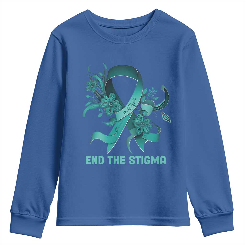 Sexual Assault Awareness Youth Sweatshirt End The Stigma Teal Floral Ribbon