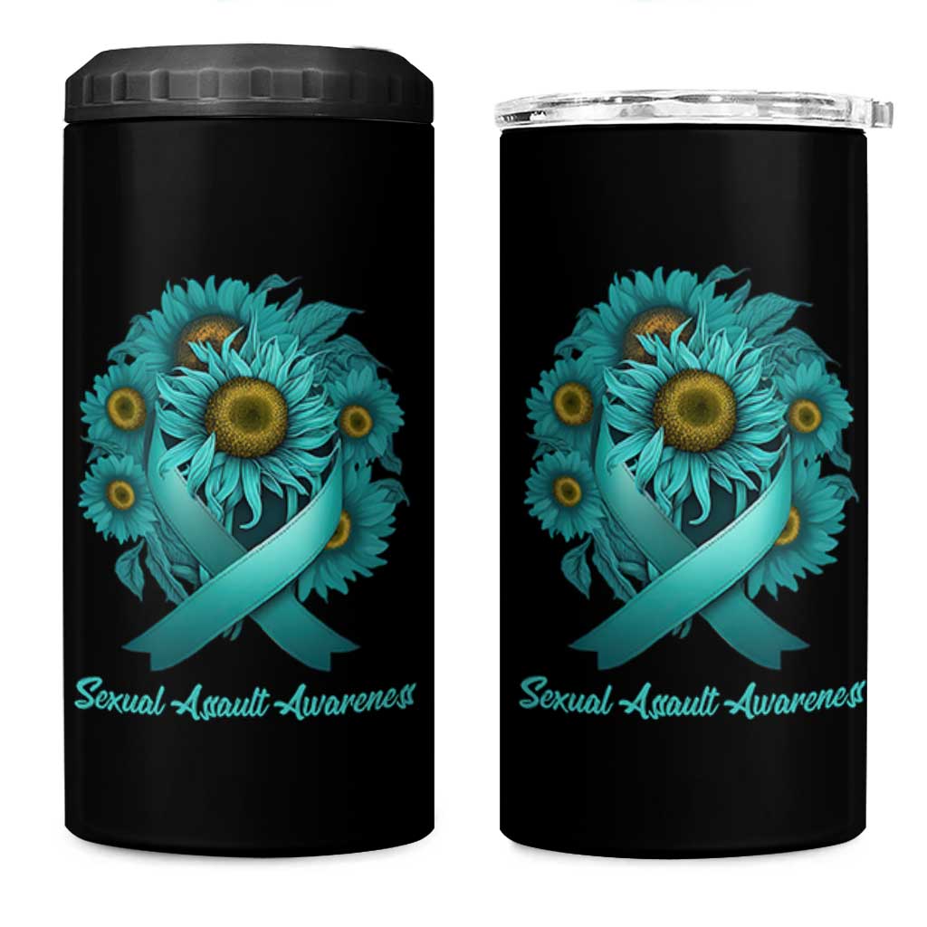Sexual Assault Awareness 4 in 1 Can Cooler Tumbler Teal Ribbon Sunflowers Support