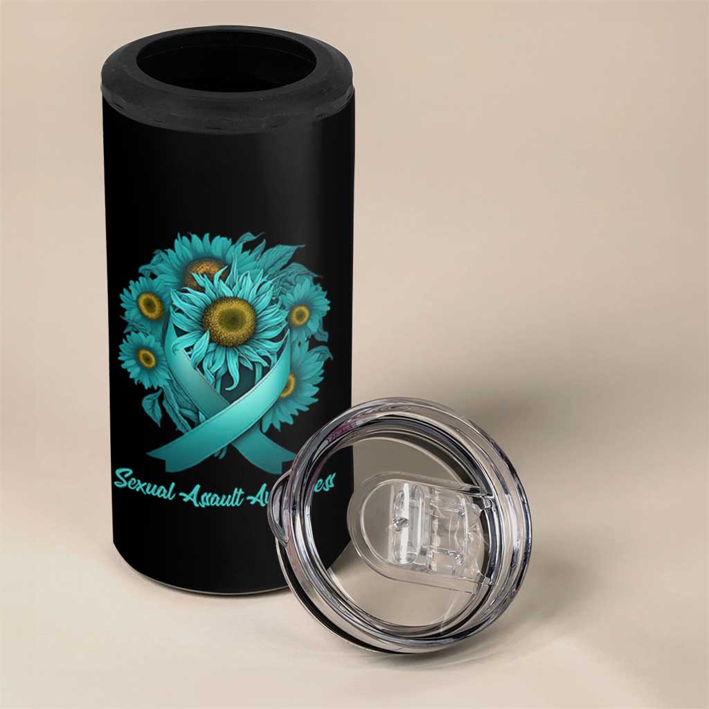 Sexual Assault Awareness 4 in 1 Can Cooler Tumbler Teal Ribbon Sunflowers Support