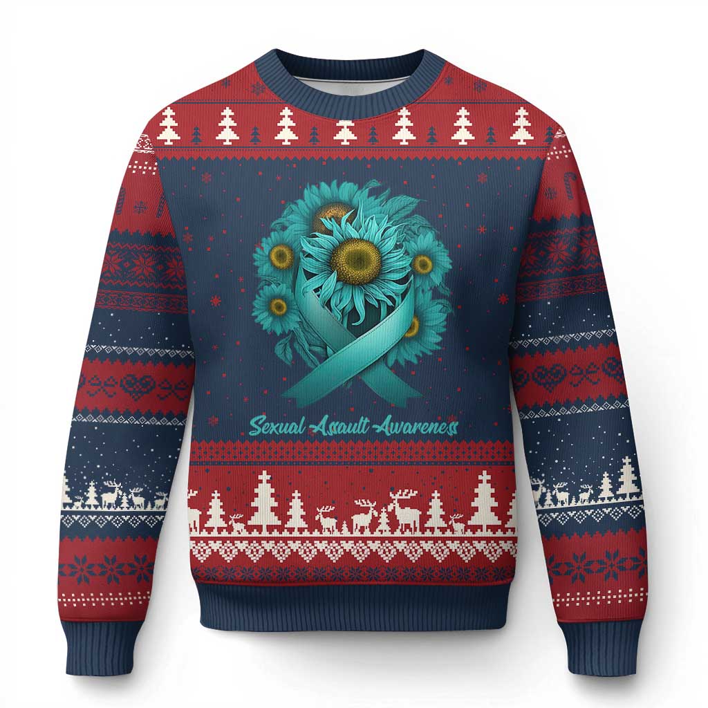 Sexual Assault Awareness Ugly Christmas Sweater Teal Ribbon Sunflowers Support - Wonder Print Shop