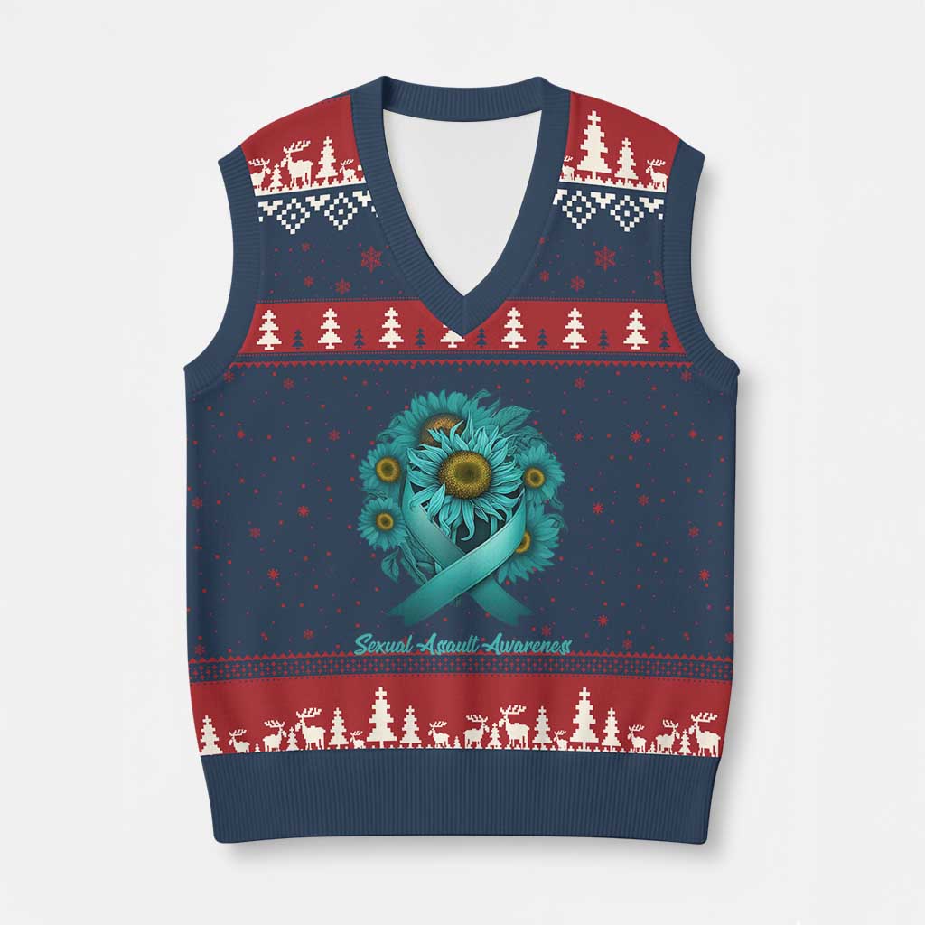 Sexual Assault Awareness V-Neck Knit Sweater Vest Teal Ribbon Sunflowers Support - Wonder Print Shop