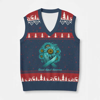 Sexual Assault Awareness V-Neck Knit Sweater Vest Teal Ribbon Sunflowers Support - Wonder Print Shop