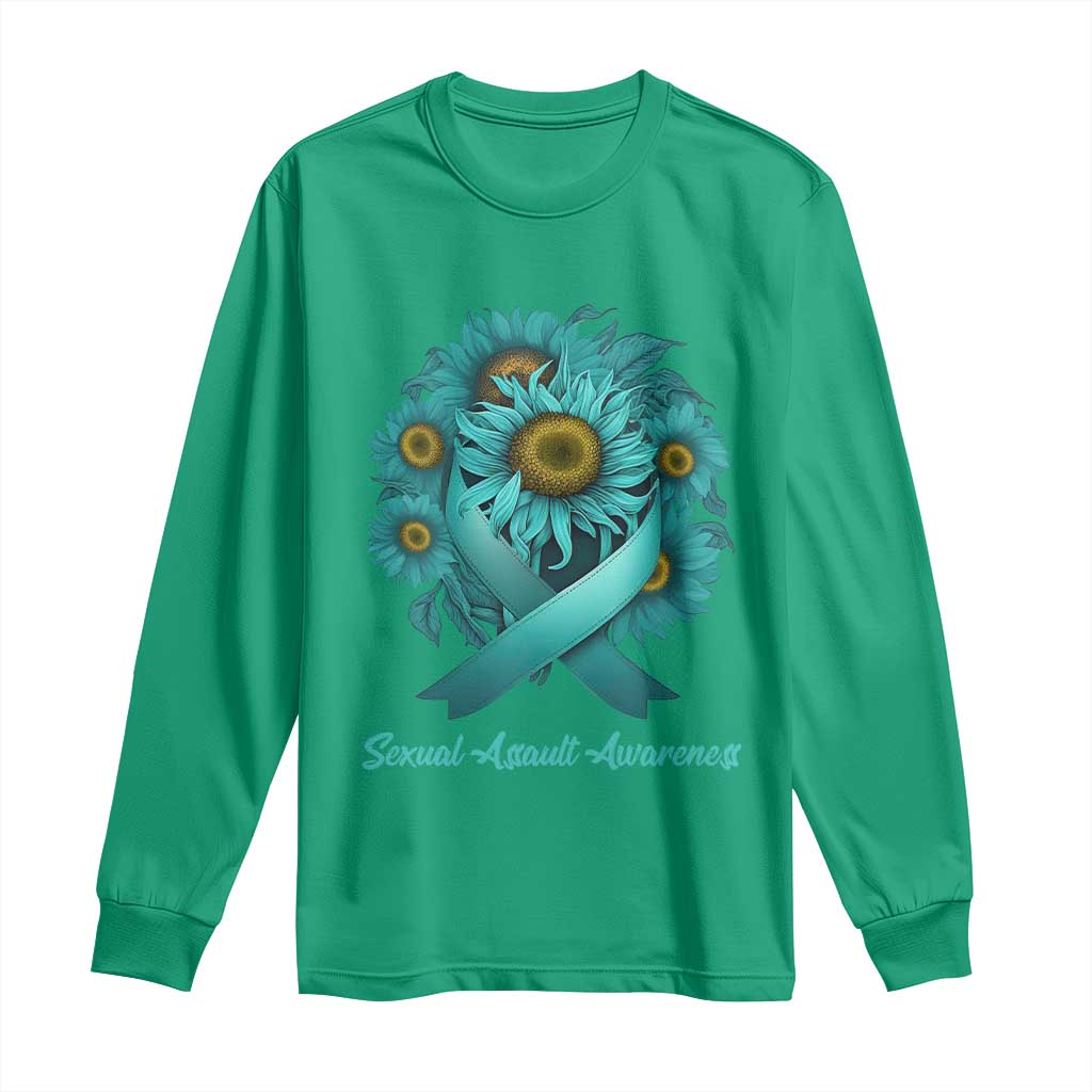Sexual Assault Awareness Long Sleeve Shirt Teal Ribbon Sunflowers Support