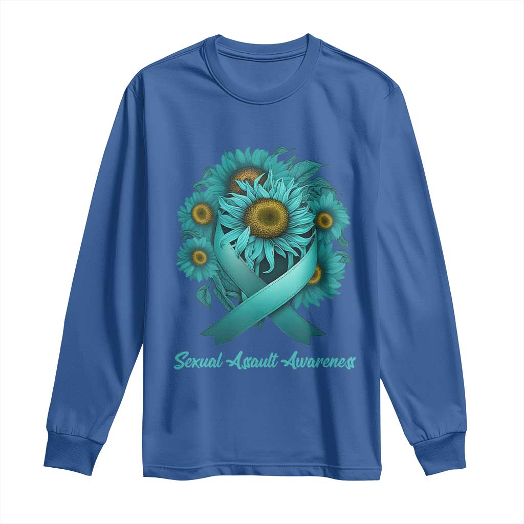 Sexual Assault Awareness Long Sleeve Shirt Teal Ribbon Sunflowers Support