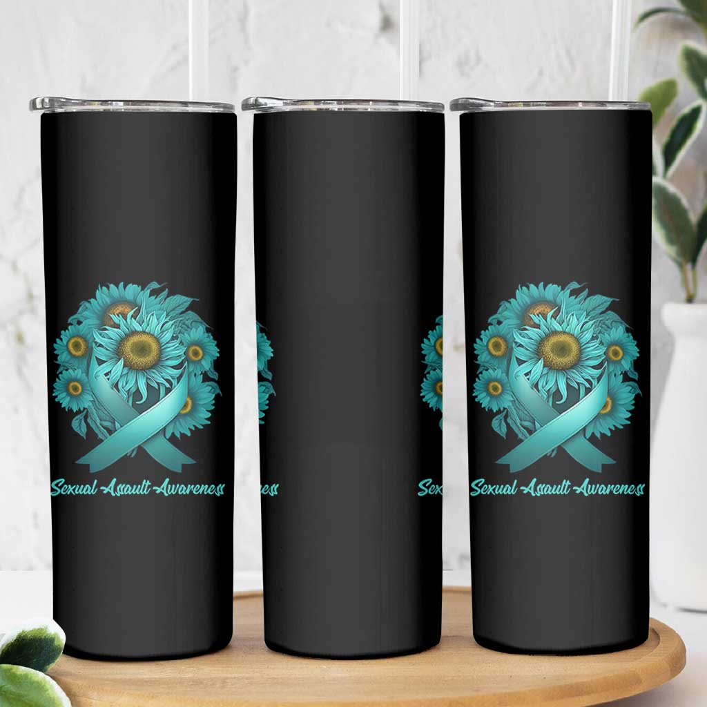 Sexual Assault Awareness Skinny Tumbler Teal Ribbon Sunflowers Support