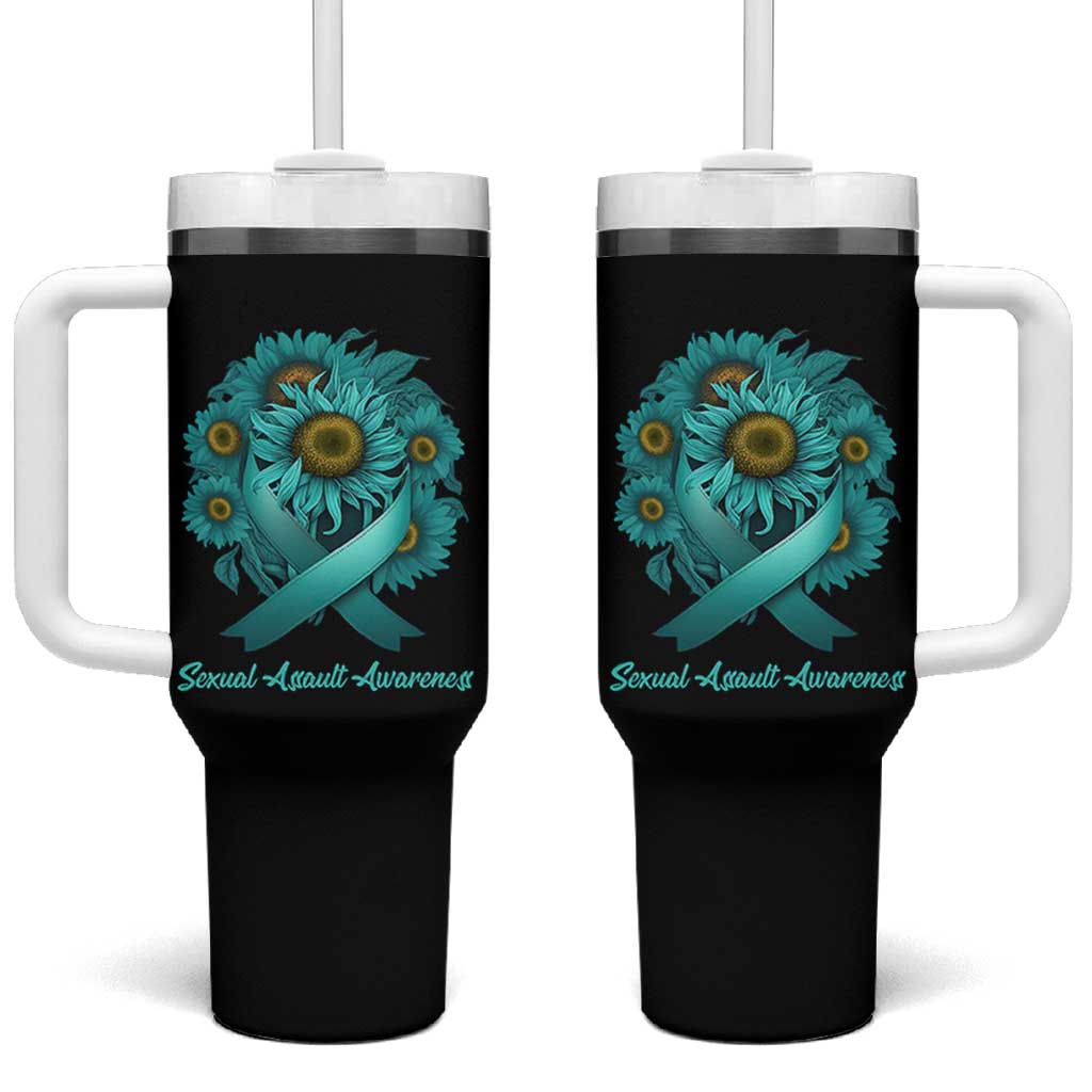 Sexual Assault Awareness Tumbler With Handle Teal Ribbon Sunflowers Support