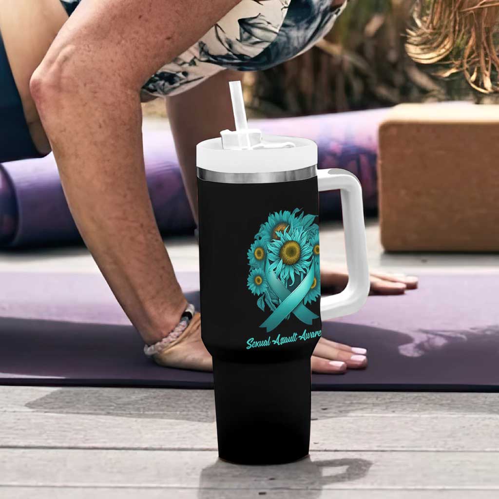 Sexual Assault Awareness Tumbler With Handle Teal Ribbon Sunflowers Support