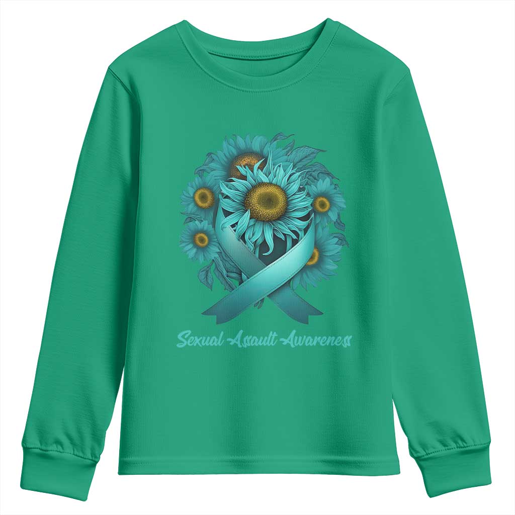 Sexual Assault Awareness Youth Sweatshirt Teal Ribbon Sunflowers Support
