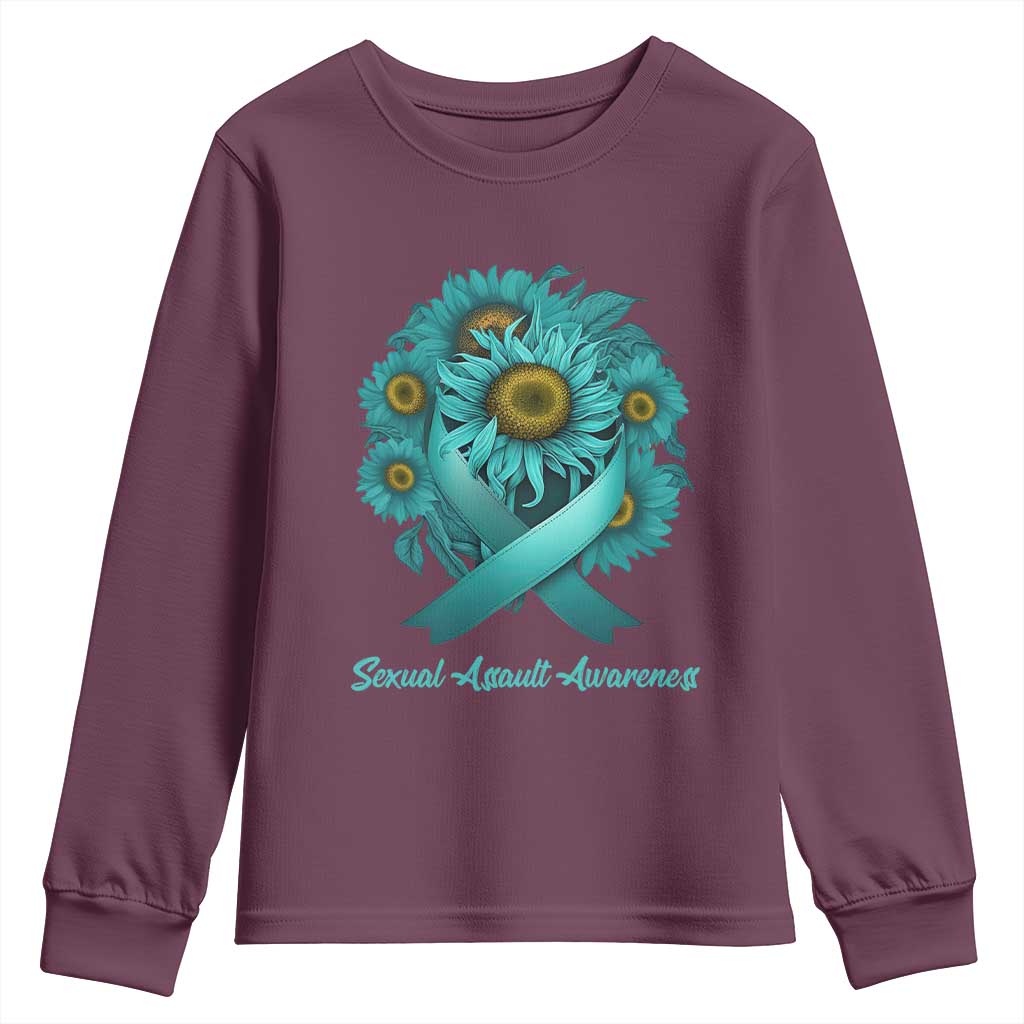 Sexual Assault Awareness Youth Sweatshirt Teal Ribbon Sunflowers Support
