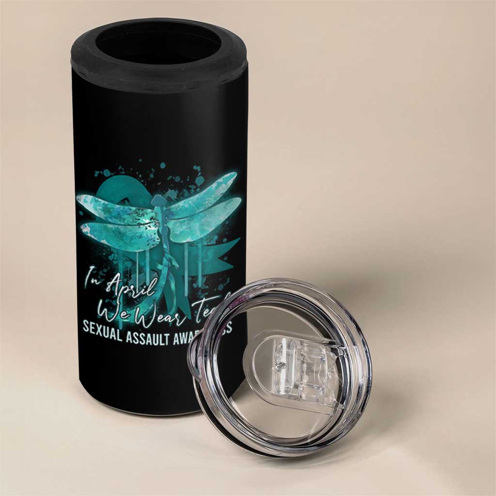 Sexual Assault Awareness 4 in 1 Can Cooler Tumbler In April We Wear Teal Ribbon Butterfly