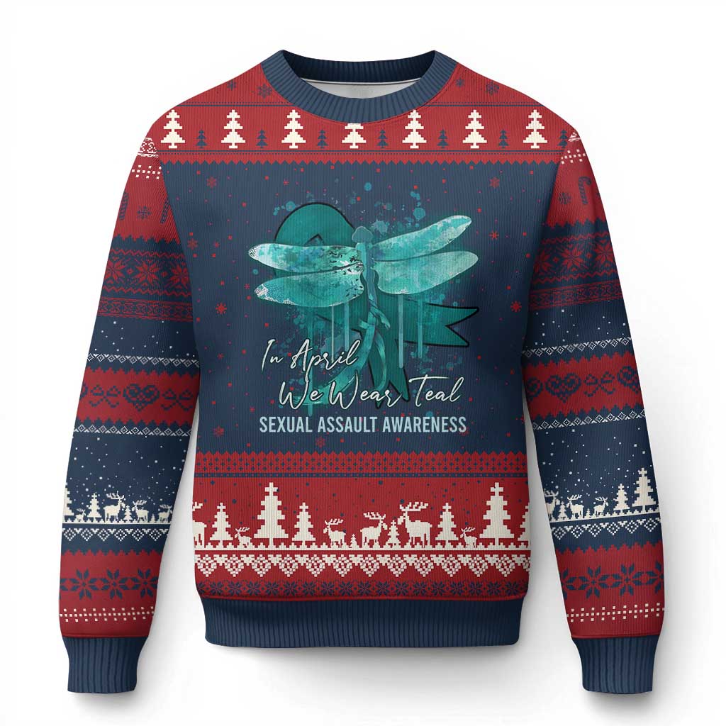 Sexual Assault Awareness Ugly Christmas Sweater In April We Wear Teal Ribbon Butterfly - Wonder Print Shop