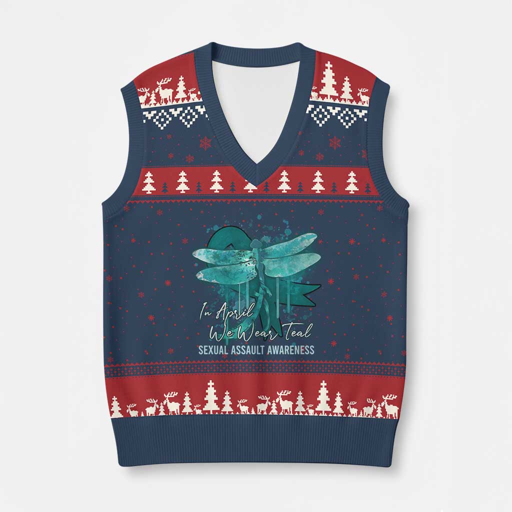 Sexual Assault Awareness V-Neck Knit Sweater Vest In April We Wear Teal Ribbon Butterfly - Wonder Print Shop