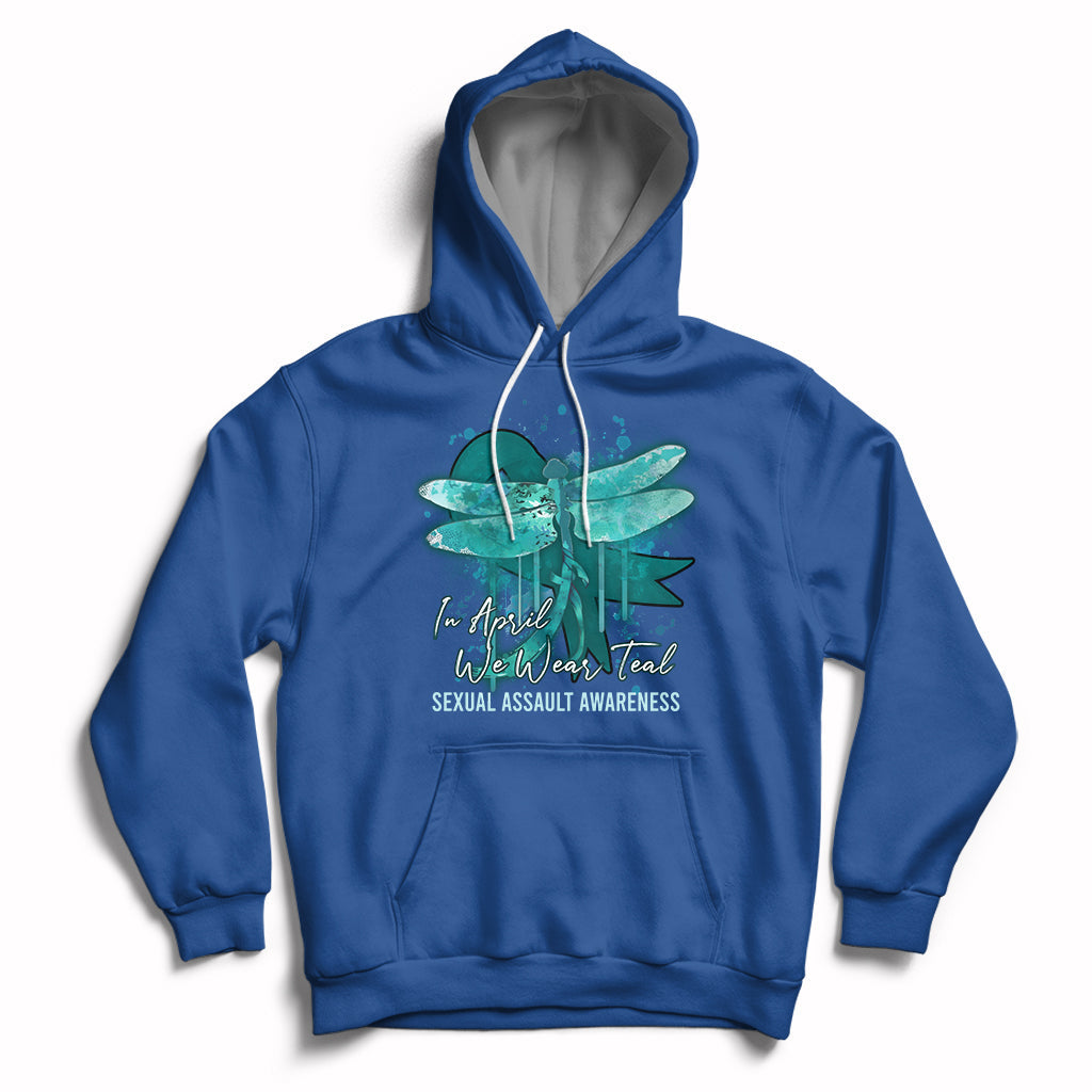 Royal blue pullover hoodie with teal ribbon butterfly awareness graphic, front kangaroo pocket.