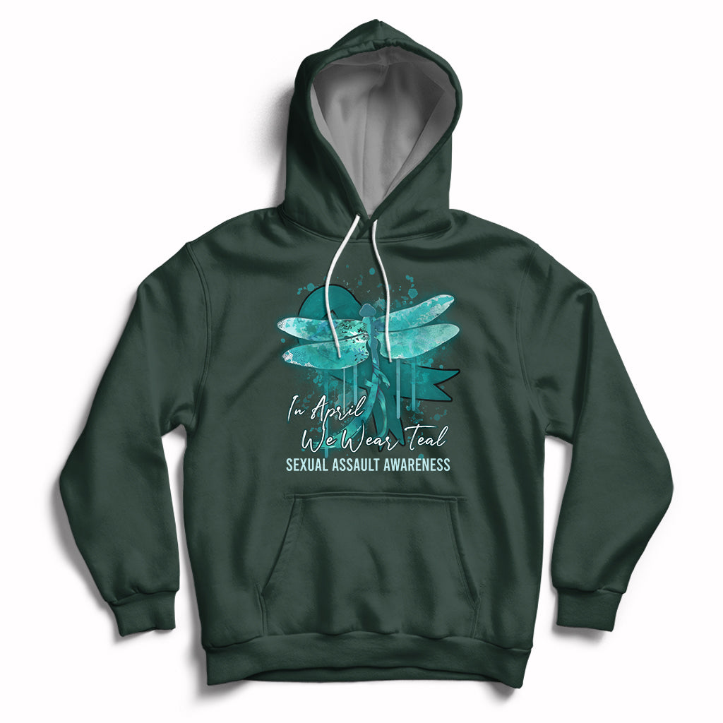 Forest green pullover hoodie with teal ribbon butterfly awareness graphic, front kangaroo pocket.