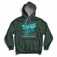 Forest green pullover hoodie with teal ribbon butterfly awareness graphic, front kangaroo pocket.