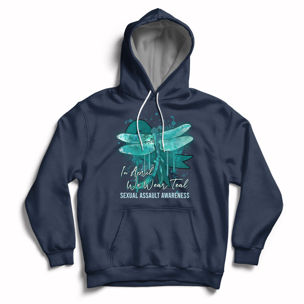 Navy pullover hoodie with teal ribbon butterfly awareness graphic, front kangaroo pocket.