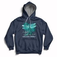 Navy pullover hoodie with teal ribbon butterfly awareness graphic, front kangaroo pocket.